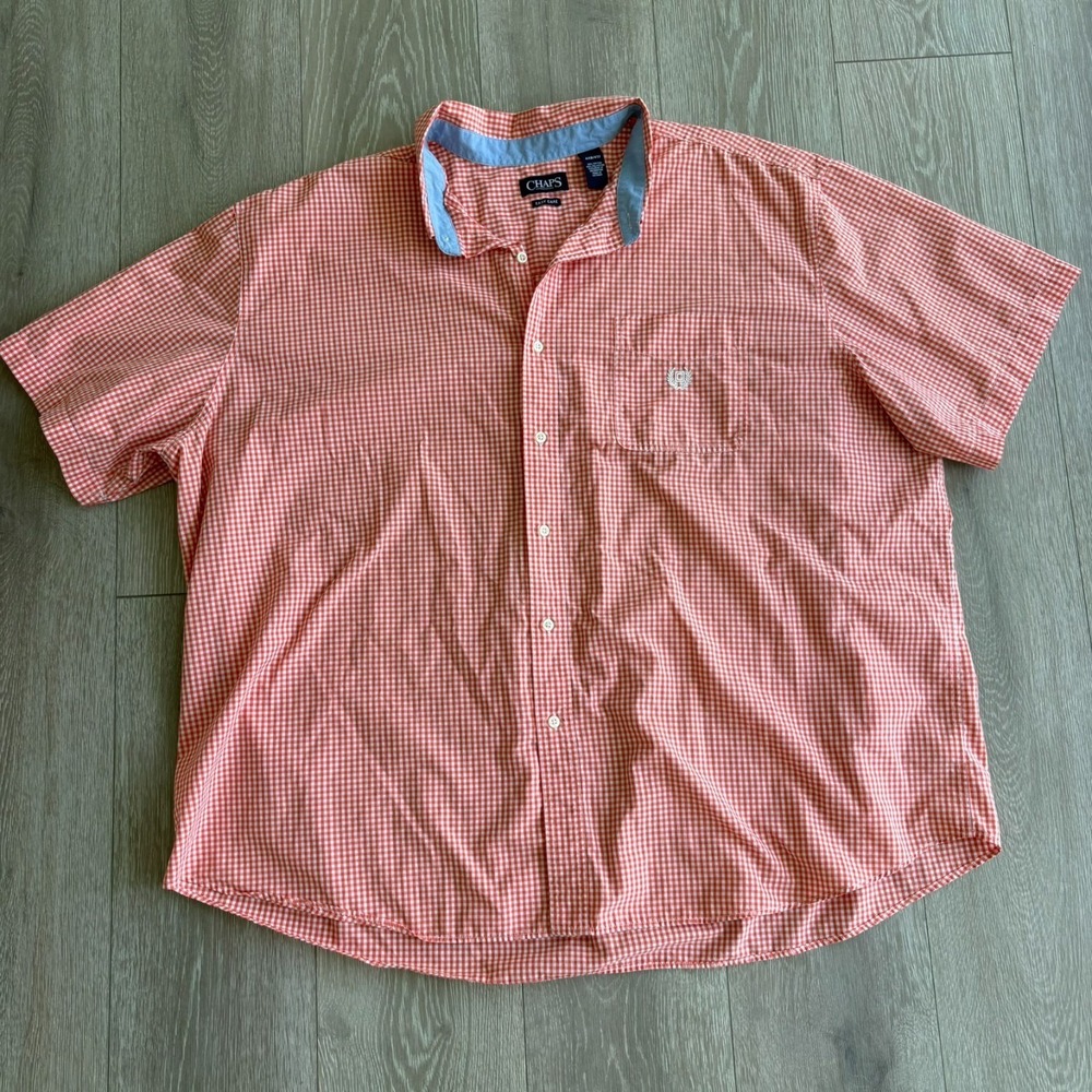 Chaps Mens Orange White Gingham Check Short Sleeve Button-Up Shirt Size 4XB